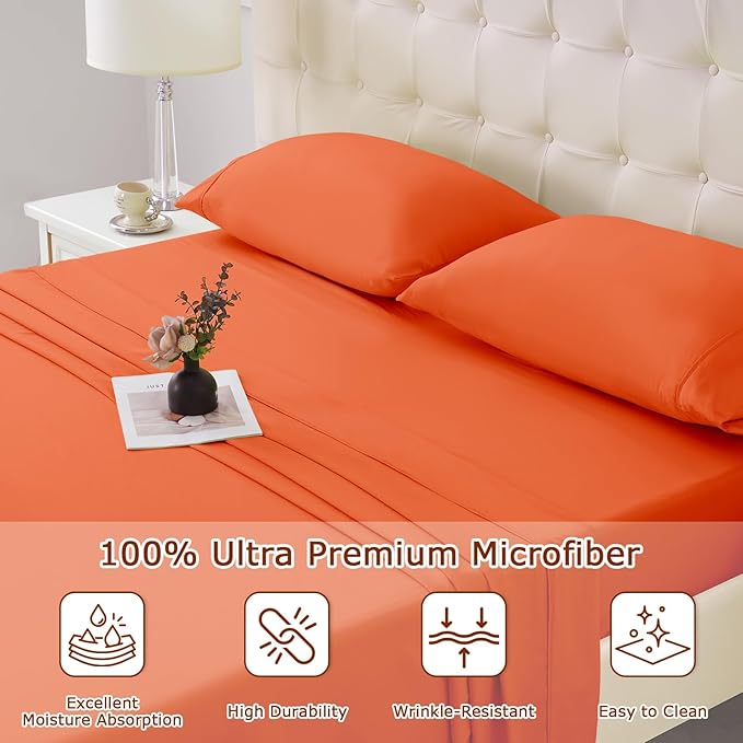 Queen Size Terracotta Bed Sheet Set - 4 Piece Soft Microfiber Sheets with Deep Pockets, Cooling Technology, and Wrinkle-Free Pillowcase. Hotel-Quality, Durable Bedding, Bright Orange