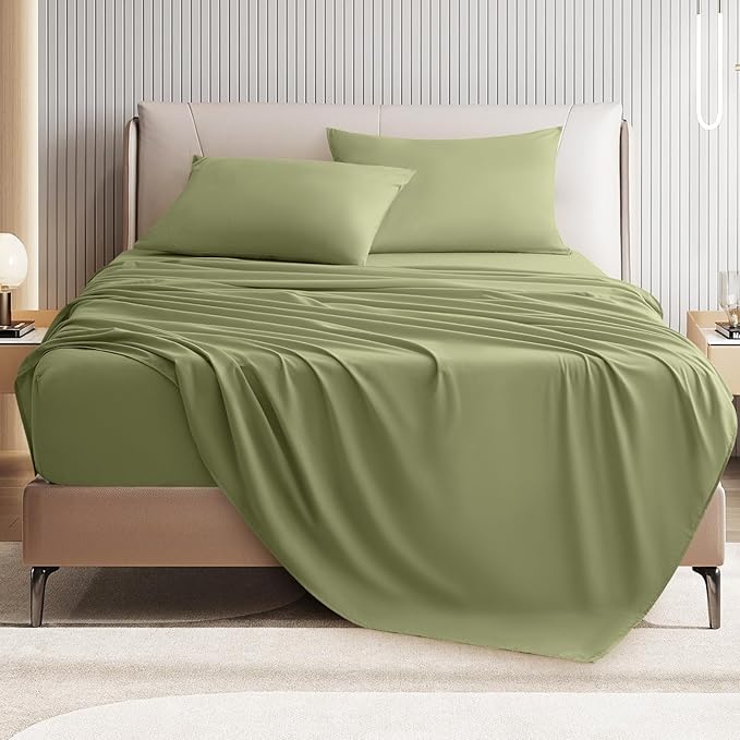 Cal King Size 4 Piece Sheet Set - Comfy Breathable & Cooling Bed Sheets Set, Soft and Wrinkle Free, Deep Pockets, Easy & Secure Fit, Hotel Luxury Bedding for Women, Men - Oeko-Tex - Olive