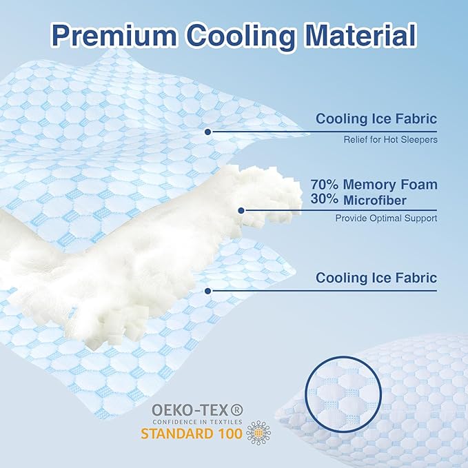 Favocama Cooling Pillow for Sleeping, Shredded Memory Foam Pillows Standard Size Set of 2, Double Sided Cooling Bed Pillows for Hot Sleepers, Side Back and Stomach Sleepers