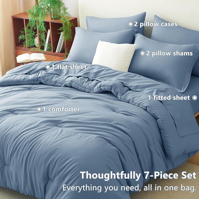 CozyLux Queen Comforter Set Grayish Blue, 7 Pieces Bed in a Bag Queen Comforter Set with Sheets, Bedding Sets with Down Alternative Comforter, Fitted Sheets, Flat Sheets, Pillow Shams and Pillowcases