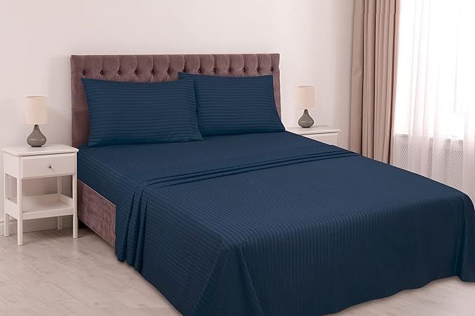 ROYALE LINENS 3 Piece Twin Sheets Set - Soft Brushed 1800 Microfiber Bedding - 1 Fitted, 1 Flat Sheet, 1 Pillow case - Wrinkle Free & Fade Resistant - Hotel Luxury Bed Sheets (Stripe Navy, Twin)
