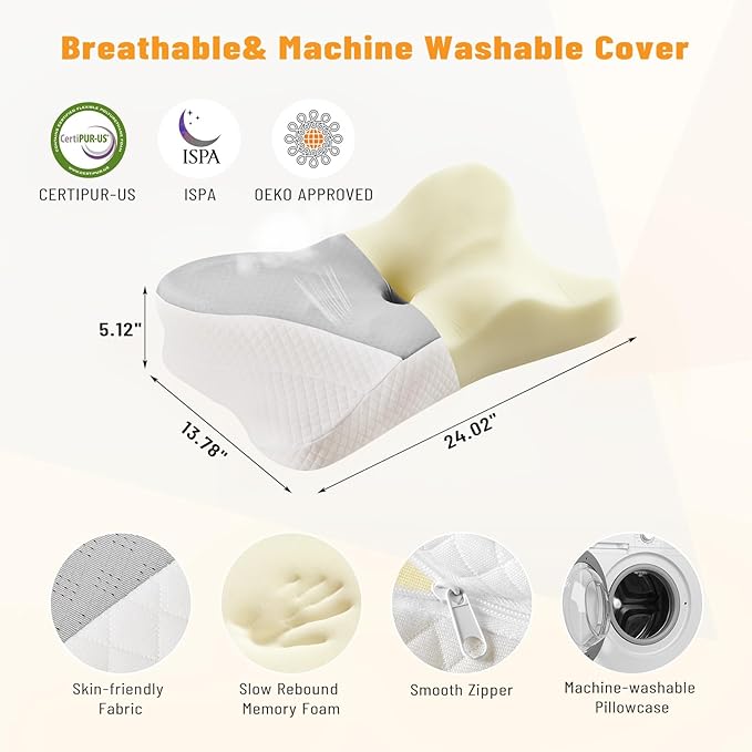 Cervical Neck Pillow Set of 2, Memory Foam Pillow for Neck Pain Relief, Ergonomic Bed Pillow with Neck Support for Side, Back & Stomach Sleepers, Queen, Grey