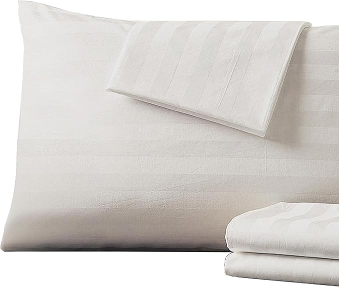 Pillow Protector Queen Size 100% Egyptian Cotton Pillow Covers, 400 Thread Count Sateen Weave Pillow Cases with Zipper Hidden, Breathable Non Noisy Easy Care, Set of 2 (Striped Light Beige)