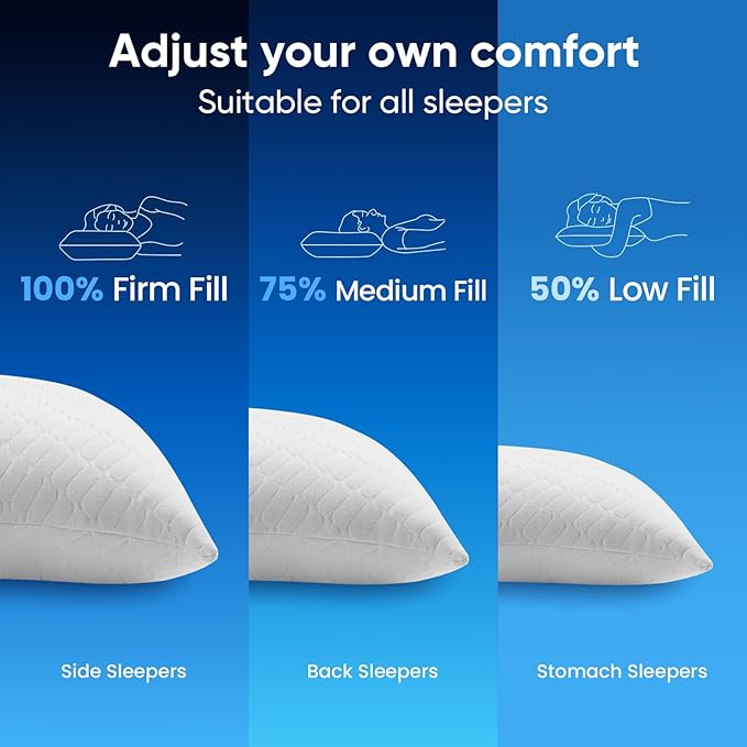 TWK Original Adjustable Bed Pillow for Sleeping, Good for Side, Back & Stomach Sleeper with Washable Removable Cover, Additional Foam Fill Included (White, Queen Size (4 Pack))