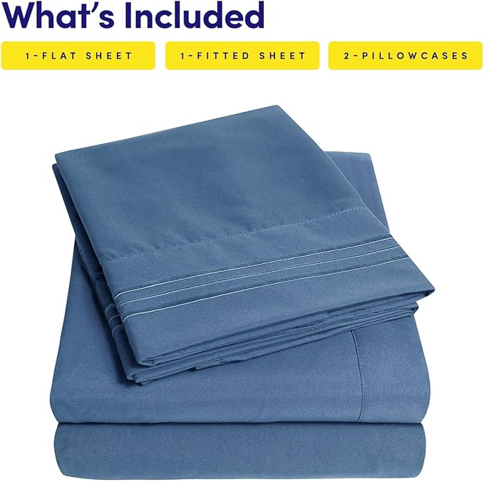 1500 Supreme Collection Twin Sheet Sets Denim Blue - 3 Piece Bed Sheets and Pillowcase Set for Twin Mattress - Extra Soft, Elastic Corner Straps, Deep Pocket Sheets, Twin Denim Blue