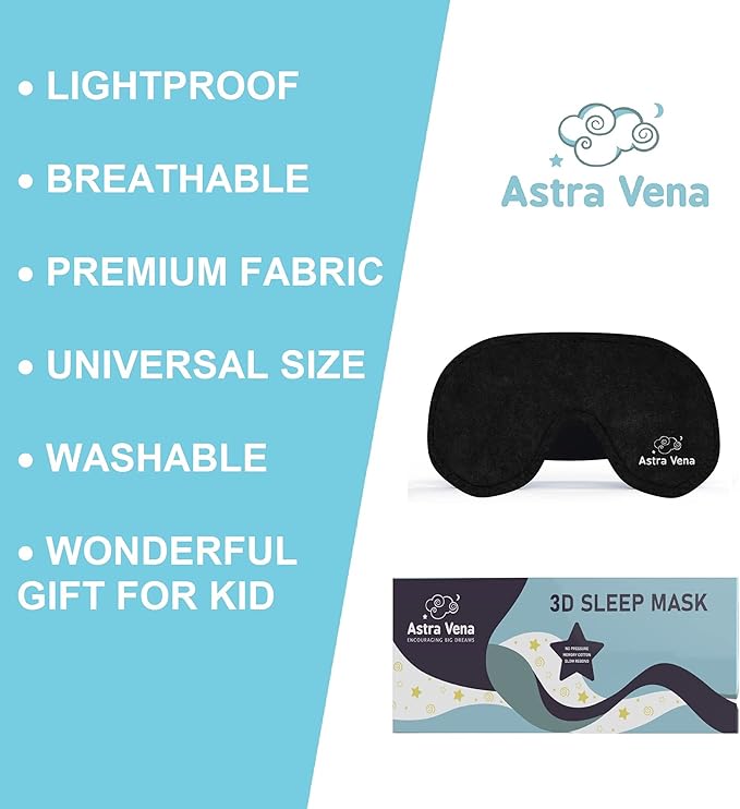 3D Sleep Mask for Kids, Light Block Sleeping Blindfold Memory Foam Contoured Eye Mask for Sleep, Adjustable Strap Eye Cover and Travel Sleep Mask for Boys Girls, Black