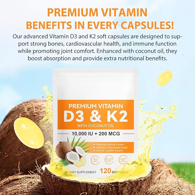 flasture Vitamin D3 K2 Supplement Softgels, 10000 IU VIT D3 + 200 MCG K2 (MK-7) | 2-in-1 Replenish Formula with Coconut Oil, Supports in Calcium Absorption, Easy to Swallow 120 Capsules.