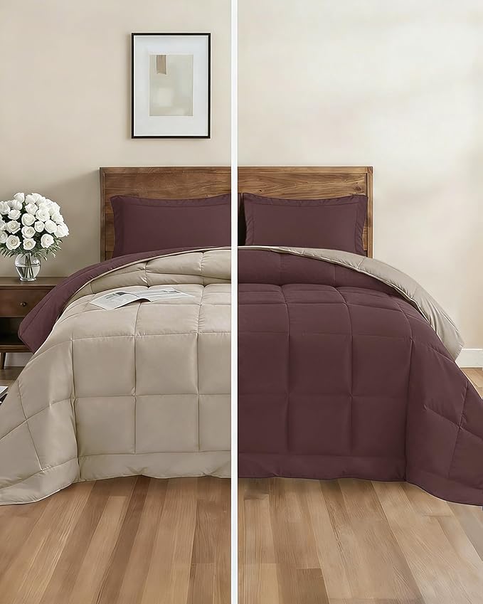 Full Comforter Set - 7 Piece Bed in a Bag Full Size Bed Set - Down Alternative Comforter, Flat Sheet, Fitted Sheet, Pillowcase & Shams for All Seasons - Ultra Soft, Comfy and Breathable - Brown/Beige