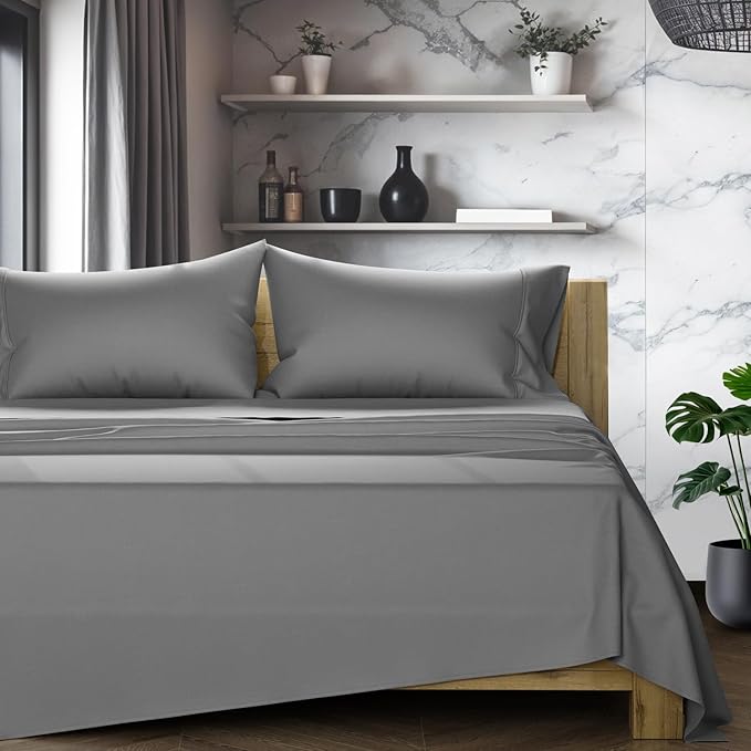 TEXAS LINEN CO. 100% Egyptian Cotton Queen Sheets Set - Luxury 1200 Series Star Sleepin' Collection Egyptian Cotton Sheets Queen Size (4 PC, Dark Grey), 17" Deep Pocket, Sateen Hotel Bedding Set