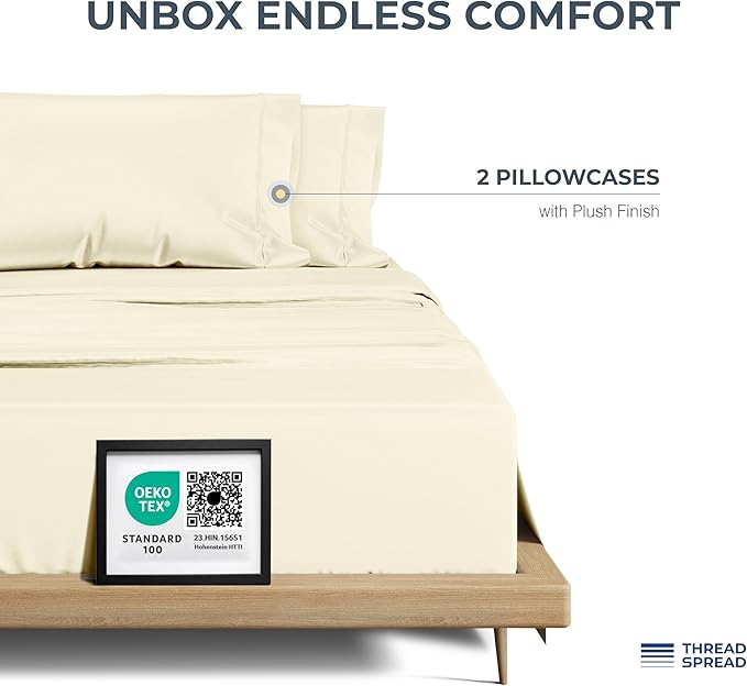 THREAD SPREAD 100% Egyptian Cotton Pillow Cases Queen Size Set of 2 - Luxury 1500 Series Queen Pillow Cases (Ivory), Soft Cooling Envelope Closure Hotel Quality Egyptian Cotton Pillowcases