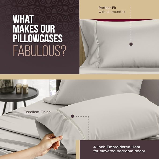 TEXAS LINEN CO. 100% Egyptian Cotton Pillowcases Queen Size Set of 2 - Luxury Snoozin' Supreme Collection 2000 Series Standard/Queen Pillow Cases, Envelope Closure Hotel Pillowcase (Light Grey)