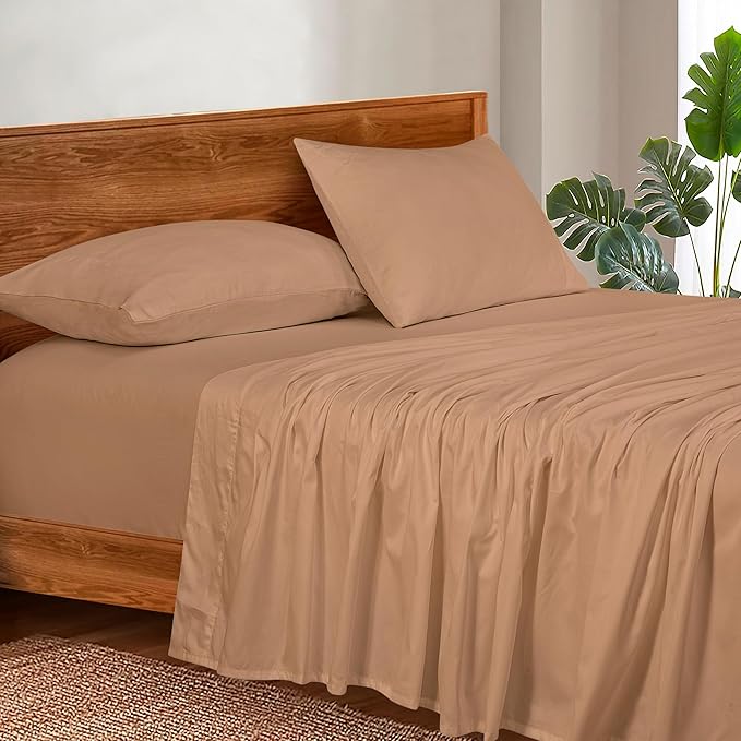 ROYALE LINENS 300 Thread Count 100% Long Staple Combed Cotton Sheet Set - 4 Piece Queen Bed Sheets - 1 Fitted, 1 Flat & 2 Pillow Cases - Soft Cool & Crisp Sheet Set (Queen, Clay)