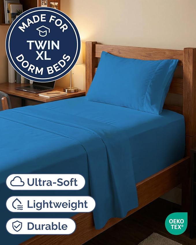 Extra Deep Twin XL Sheet Set - 3 Piece Breathable & Cooling Bed Sheets - Easily Fits 18 to 24 inch Mattress - Ultra Soft, Wrinkle & Fade Free w/ Extra Deep Pockets - Hotel Luxury Bedding - Denim Blue