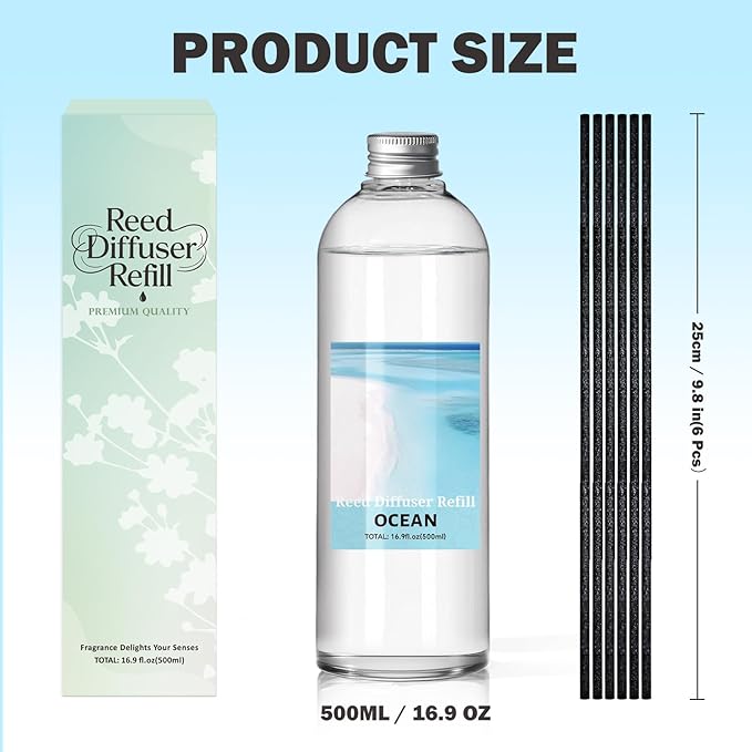 SCENTORINI Reed Diffuser Oil Refill, 16.9oz Natural Ocean Scented Essential Oil with 6 Sticks, Long Lasting Home Fragrance for Bathroom, Spa Room Aromatherapy, Hotel, Home & Office Decor