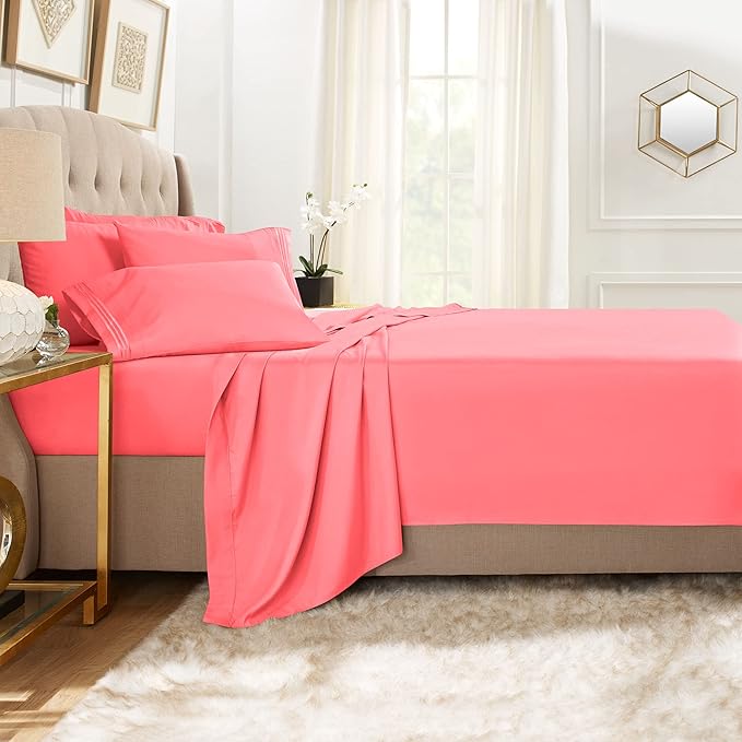Clara Clark Twin XL Sheets, 5 Piece Set - Hotel Luxury Bed Sheets, Super Soft Bedding Set, Twin XL Size, Coral Pink