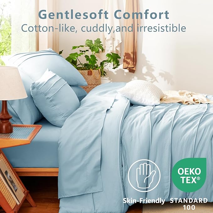 CozyLux King Size Comforter Set Light Blue, 7 Pieces Soft Pinch Pleat Bed in a Bag King Comforter Set with Sheets, Boho Bed Set with Down Alternative Comforter, Sheets, Pillowcases & Shams