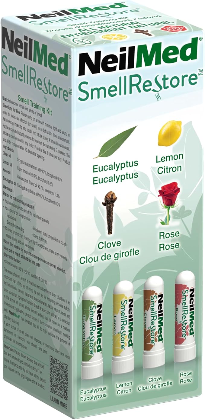 NeilMed Smell Restore - All Natural Smell Training Kit with 4 Separate Essential Oil Inhalers. Eucalyptus, Rose, Lemon and Clove