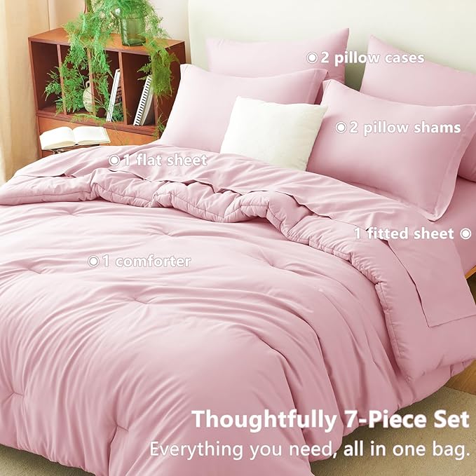 CozyLux Full Size Comforter Sets Pink, 7 Pieces Bed in a Bag Full Comforter Set with Sheets, Luxury Soft Bedding Set with Down Alternative Comforter, Fitted Sheet, Flat Sheet, Pillowcases & Shams