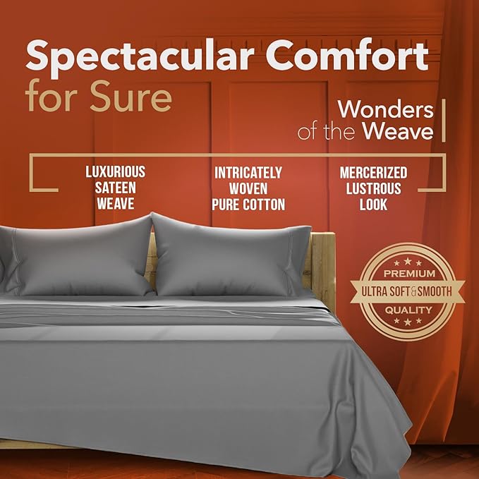 TEXAS LINEN CO. Luxury Egyptian Cotton Queen Size Sheet Set - Texan Talkin' Collection 600 Series 4 PC Deep Pocket Fitted and Flat Sheets, Cooling Extra Long Staple Sateen Hotel Bedding - Dark Grey