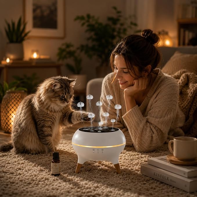 Mushroom Cloud Humidifier, Aromatherapy Essential Oil Diffuser with Sound-Activated Mode, 7-Smoke Modes Jelly Fog & Color LED, Large Water Tank with Auto-Shutoff, for Home Bedroom Office