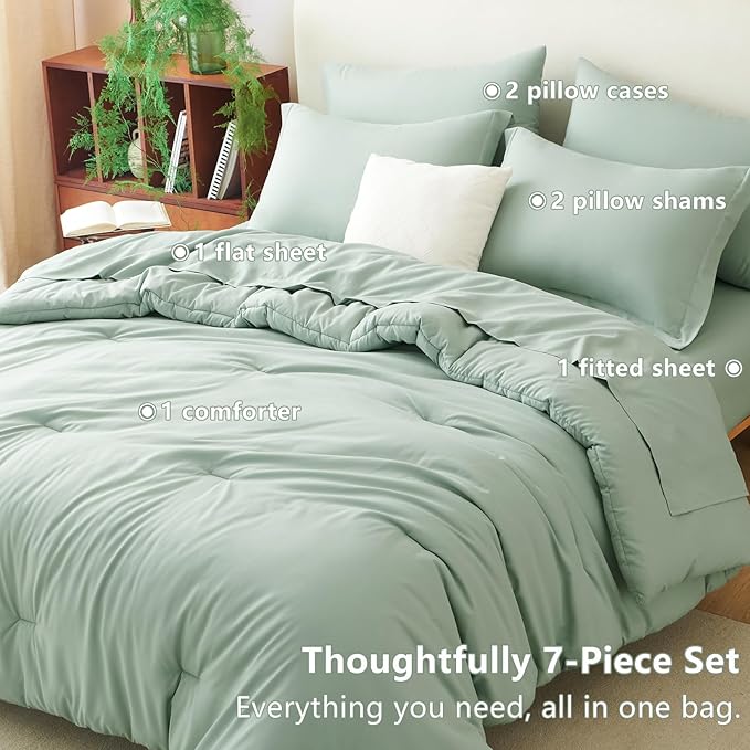 CozyLux Oversized King Comforter Set Sage Green, 7 Pieces Bed in a Bag Comforter Set with Sheets, Soft Bedding Sets with Down Alternative Comforter, Fitted Sheet, Flat Sheet, Pillowcases and Shams