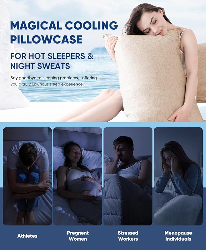 LUXEAR 2 Pack Cooling Pillow Cases King Size, Arc-Chill Q-Max > 0.5 for Hot Sleepers, Hair & Skin Friendly, Double-Sided, Machine Washable, Hidden Zipper, Gifts for Women Men, Beige