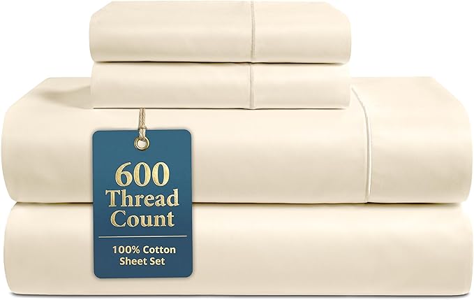LANE LINEN Cal King Bed Sheets - 600 Thread Count Sateen Weave - Extra Thick & Comfy Cotton Sheets for Hotel Quality Softness - Securely Fits Mattress Upto 15'' Deep - Oeko Tex Certified - Ivory