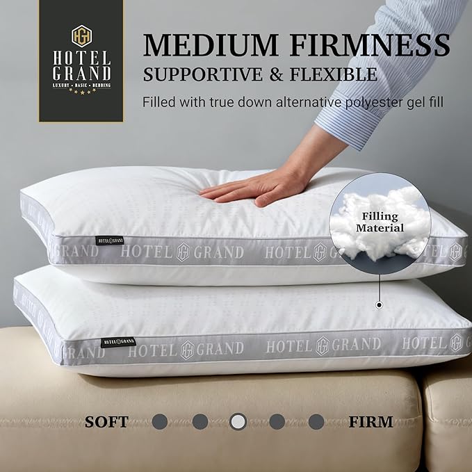 Hotel Grand Bed Pillows Queen Size Set of 2, 500 Thread Count Cotton Cover, Down Alternative Hotel Pillow for Side, Back, or Stomach Sleepers, Medium Firm Hypoallergenic 18”x26”