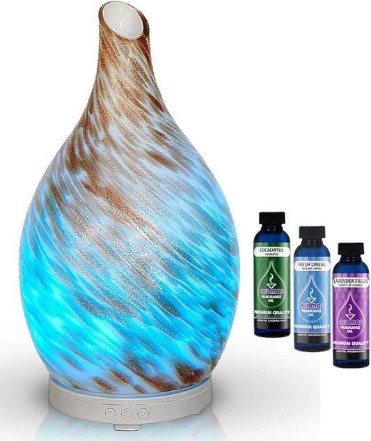 AROMAR Ultrasonic Oil Diffuser, Cool Mist Humidifier with top 3 Aromatic Oils for Aromatherapy Essential Oils, Novelty Design, 360 Degree Rotating Glass Decanter, 7 LED Colors, & auto Shut-Off 100ml.
