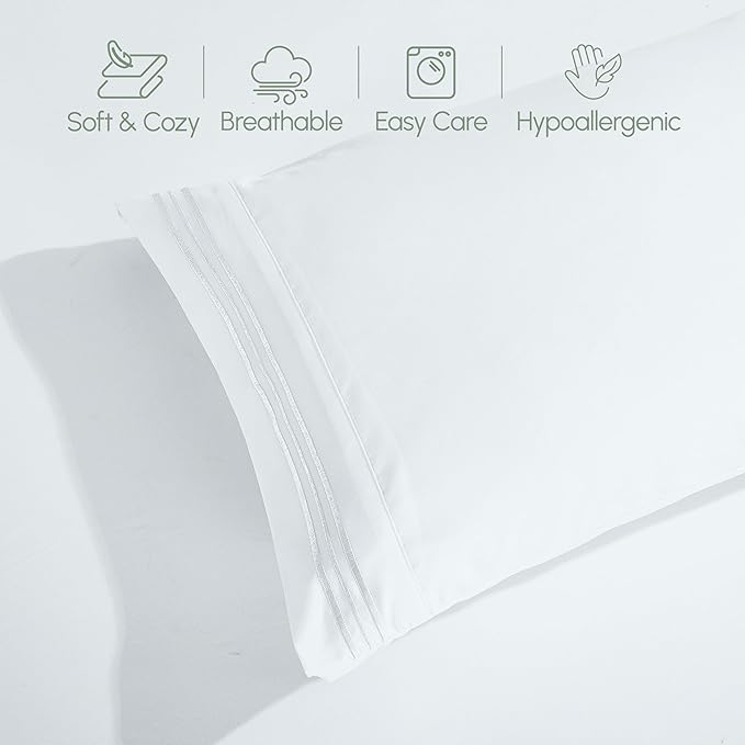 Elegant Comfort Luxurious 1500 Premium Hotel Quality Microfiber Three Line Embroidered Softest 4-Piece Bed Sheet Set, Wrinkle and Fade Resistant, Full, White