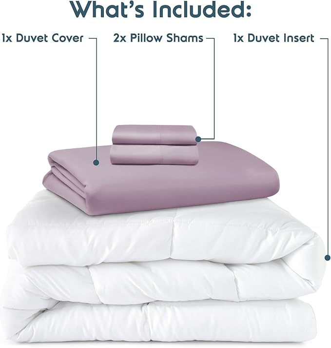 Nestl Full Duvet Cover Set with Comforter Insert - Dusty Purple 4 Piece 80x90 Duvet Cover & 2 Pillow Shams with White Quilted Down Alternative Comforter, Ultra Soft, All Season