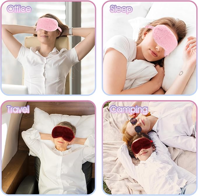 2 Pcs Plush Eye Mask Soft Sleeping Blindfold Eye Cover Comfortable Furry Faux Fur Sleeping Mask Satin Nap Night Eyeshade Cover for Women Men Gift (Pink, Red)