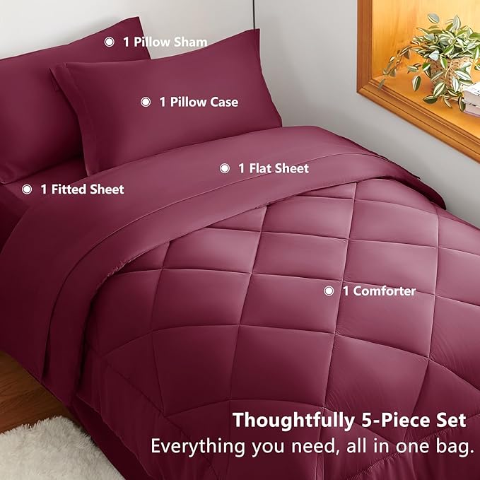 CozyLux Twin XL Comforter Set Burgundy - 5 Pieces Twin Extra Long Bed in a Bag for College Dorm, All Season Bedding Set for Girls and Boys, Soft Bed Set with Comforter, Sheets, Pillowcase & Sham