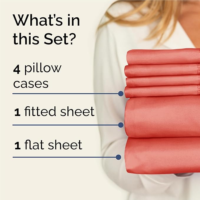 Full 6 Piece Sheet Set - Comfy, Breathable & Cooling - Soft Hotel Luxury Bedding for Women, Men, Kids, Teens & Children - 1 Flat & 1 Fitted Sheet & 4 Pillowcases w/ Deep Pockets - Wrinkle Free - Coral