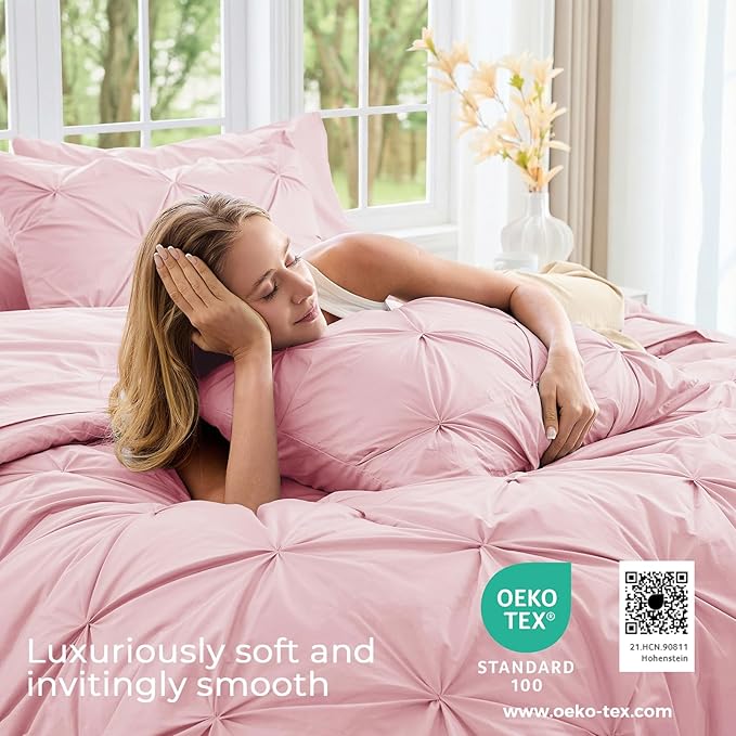 Sasttie Twin Comforter Set, 5-Piece Bed in a Bag, Pintuck Bedding Sets for All Season, Includes Comforter, Flat Sheet, Fitted Sheet, Pillowcase and Pillowsham, Baby Pink