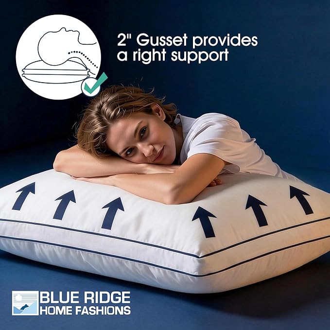 Blue Ridge Home Fashions Hotel Bed Pillows Queen Size Set of 2, 400 Thread Count 100% Cotton Cover, Medium Soft, Support Gusseted Down Alternative Pillow for Back, Stomach or Side Sleepers, 18" x 26"