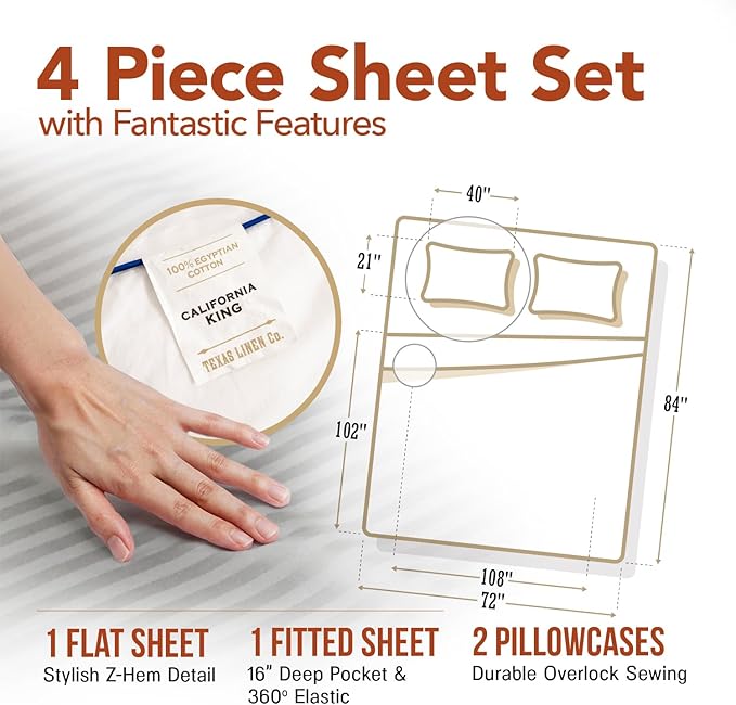 TEXAS LINEN CO. 100% Egyptian Cotton Sheets - Texan Talkin' Damask 600 Series 4 PC California King Size Sheet Set, Cooling, Extra Long Staple Sateen Luxury Bedding, Cal King Sheets - Silver Stripe