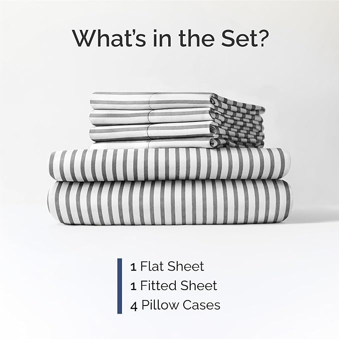 Full 6 Piece Sheet Set - Comfy, Breathable & Cooling - Soft Hotel Luxury Bedding for Women, Men, Kids, Teens and Children - 1 Flat & 1 Fitted Sheet & 4 Pillowcases with Deep Pockets - Grey Stripes 2