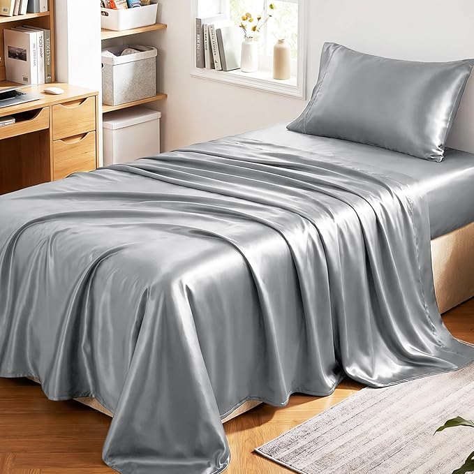 CozyLux Satin Sheets Twin Sheet Set - 3 Piece Silky Twin Bed Sheets, Luxury Light Grey Sheet Twin Size Bed Set with Smooth and Soft Microfiber, Includes 1 Fitted Sheet, 1 Flat Sheet and 1 Pillowcase