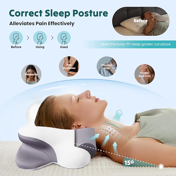 DUMOS Cervical Neck Pillow for Neck Pain Relief, Cooling Memory Foam Pillows for Sleep Apnea, Soft Side Sleeper Pillow Orthopedic Support Ergonomic Pillow for Stomach Back Stomach Sleepers, Gray