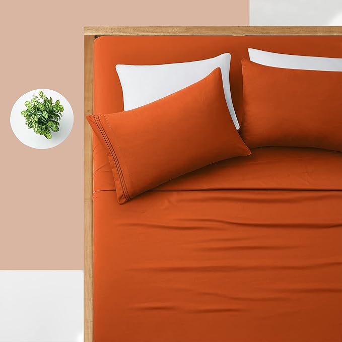 Manyshofu Extra Deep Pocket Queen Sheet Sets - Hotel Luxury 1800 Thread Count Sheets & Pillowcases - Microfiber Bedding Set up to 24" Mattress - Burnt Orange Bed Sheets 18-24 Inch Deep Pockets - 4Pcs