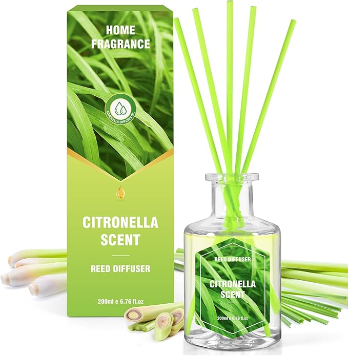 SCENTORINI Citronella Reed Diffuser Set, 6.7 Fl Oz Scented Diffusers for Home, Citronella Oil Reed Diffusers Refills, Suitable for Bedroom, Bathroom, Patio, Camping, Courtyard, Pool, Outdoor Use