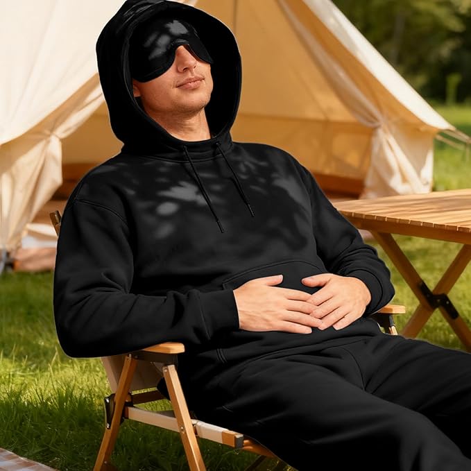 Ainangua Mens Oversized Pullover Essentials Hoodie with Eye Mask Built In Comfor Airplane Mode Travel Sleep Wearable Blanket