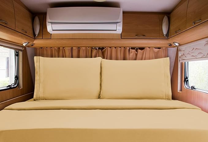 Mocassi Luxury RV Short 4-Piece Sheet Set - 1800 Premium Hotel Quality - Easy-Fit, Wrinkle, Fade Resistant Bed Sheets and Pillowcases - All Around Elastic Fitted Sheet, Deep Pocket, Gold