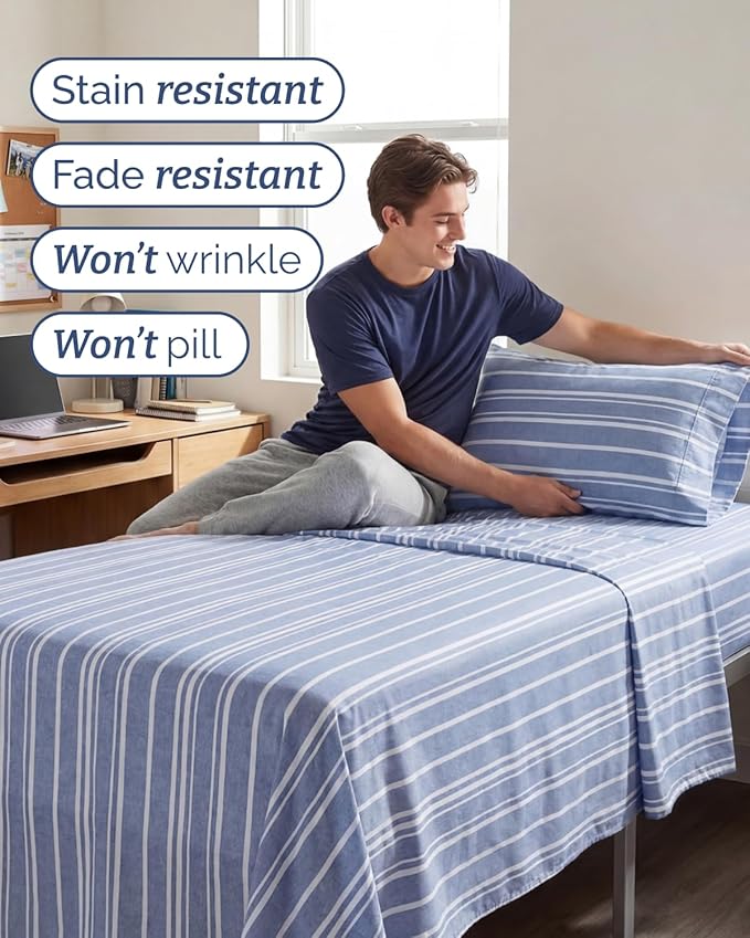 Twin XL 4 Piece Sheet Set - Comfy, Breathable & Cooling - Soft Hotel Luxury Bedding for Women, Men, Kids, Teens & Children - 1 Flat & 1 Fitted Sheet & 2 Pillowcases w/ Deep Pockets - Blue Stripes 3