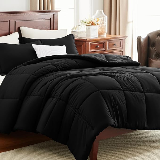 CozyLux Full Size Comforter Sets - Black Comforter Full Size, 3 Pieces Box Stitched Bed Set for All Seasons, Soft Lightweight Bedding Sets with 1 Down Alternative Comforter and 2 Pillow Shams