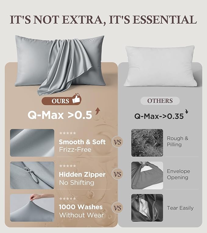 Instant Chill Cooling Pillowcase for Hot Sleepers, 2% HA Infused Pillowcase Hydrates Skin & Hair, Reduces Wrinkles & Frizz, Softer Than Silk Pillow Cases, Pillow Covers King (Light Gray, 1 Pack)