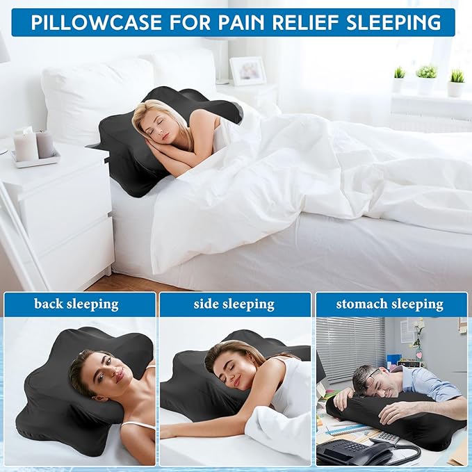 Hahafelt Cooling Cervical Pillowcase Cover with Envelope Closure (Only Pillow Case) Ergonomic Neck Pillowcase Smooth Soft Cool Pillow Cover for Side Back Stomach Sleepers(Black,Standard Size)