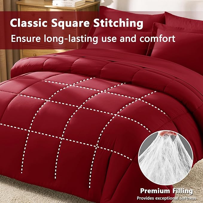 CozyLux King Size Comforter Set Dark Red - 7 Pieces Bed in a Bag King, Okeo-Tex Certifited Bedding Set, All Season Soft Bed Set with Down Alternative Comforter, Sheets, Pillowcases & Pillow Shams