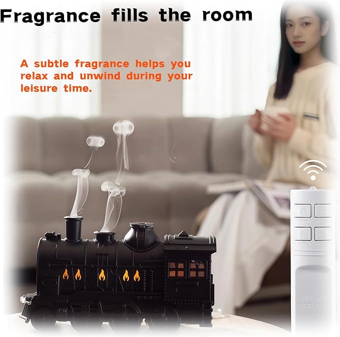 300ML Vintage Train Diffuser & Cool Mist Humidifier with Steam Effect, Remote Control, Dual Modes & Warm Blue LED Light (Gold, With remote control)